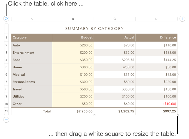 Selected table with blue dots for resizing