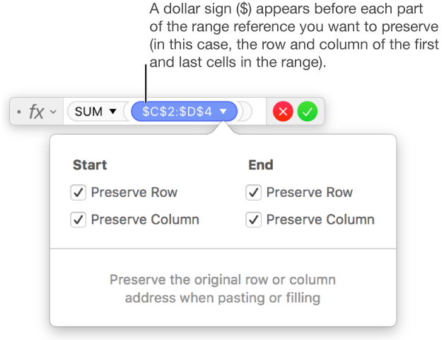 Formula editor with row and column references preserved