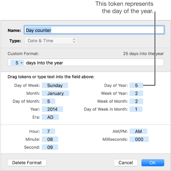 The custom cell format window with controls for choosing custom date and time formatting