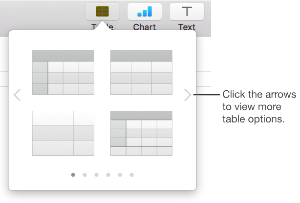 The Add Table menu with navigation arrows
