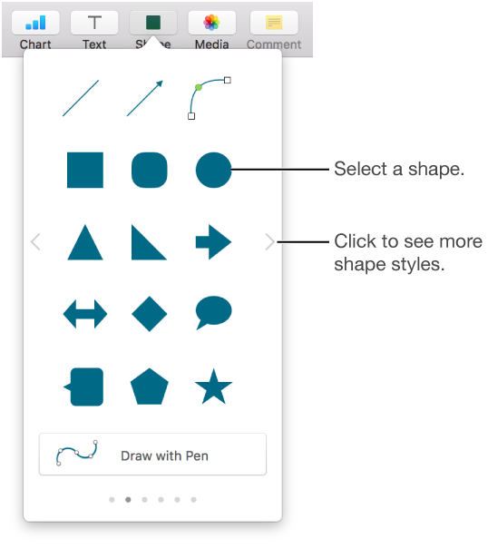 The popover for adding an object, with buttons at the top to choose tables, charts, shapes (including lines and text boxes), and media