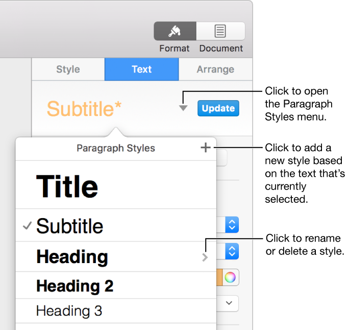 The Paragraph Styles pop-up menu, showing controls to add or change a style