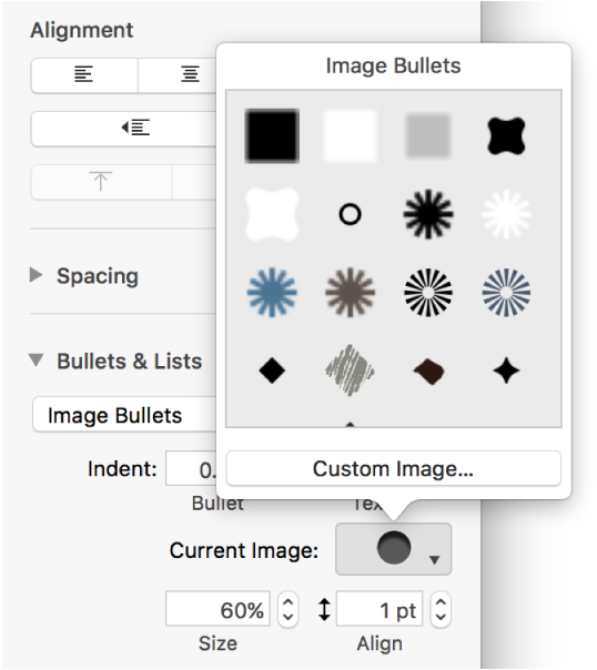 The Image Bullets pop-up menu