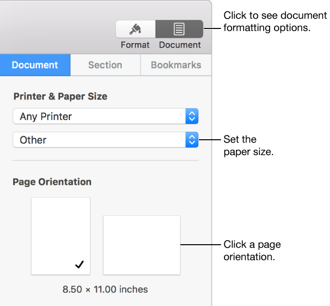 Controls for setting paper size and orientation
