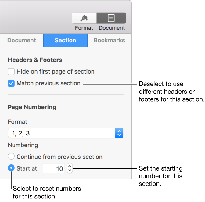 The Section pane of the Setup inspector, showing controls for headers, footers, and page numbering.