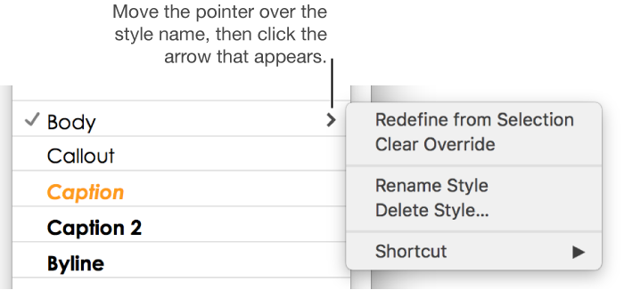 The paragraph styles pop-up menu with the shortcut menu open