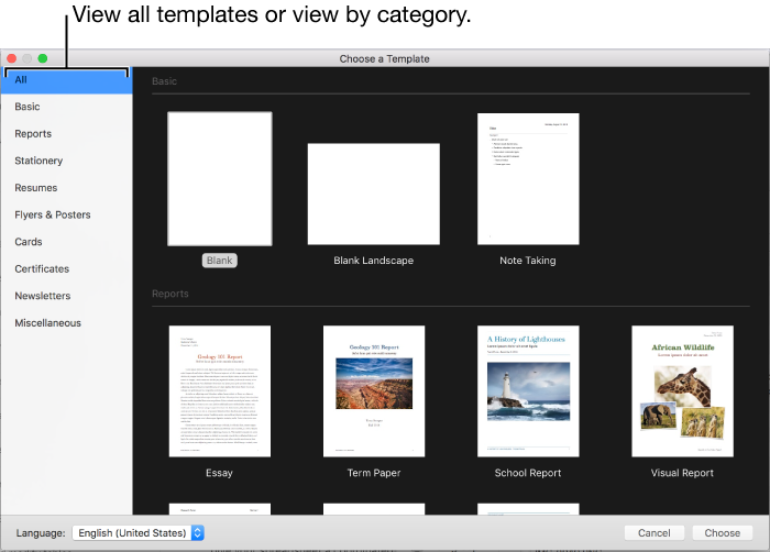 The template chooser with template categories on the left and templates on the right