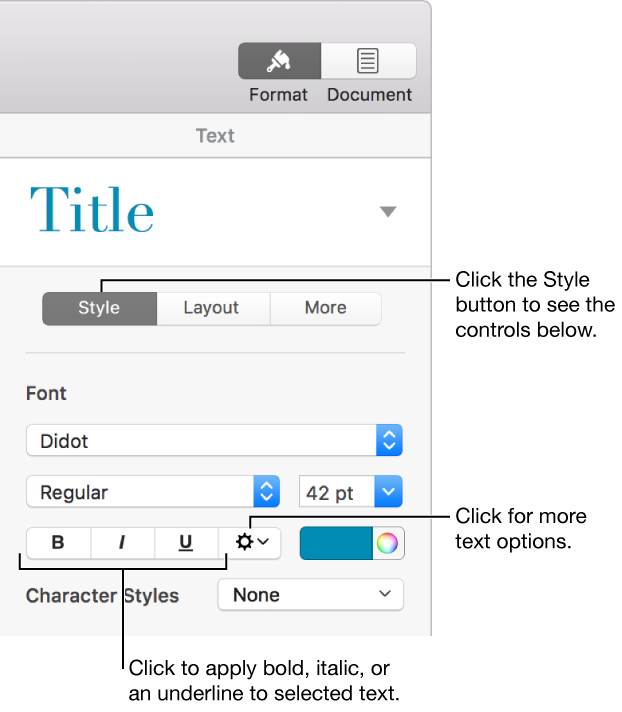 The Style controls in the Format sidebar with callouts to the Bold, Italic, and Underline buttons