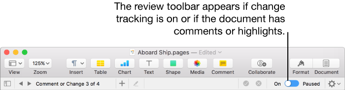 The Pages toolbar with change tracking turned on and the review toolbar below the Pages toolbar.