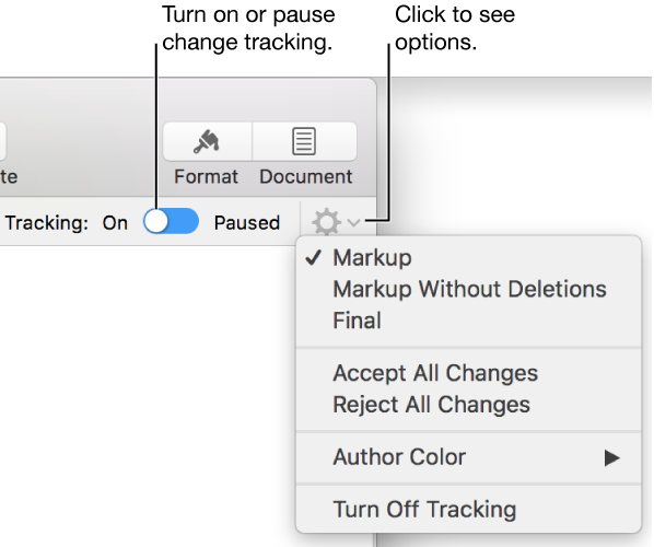 The tracking options menu showing Turn off Tracking at the bottom, and callouts to the Tracking On and Paused button