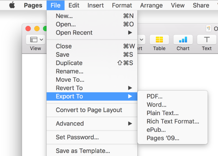 The File menu open with Export To selected, with its submenu showing export options for PDF, Word, Plain Text, Rich Text Format, ePub, and Pages '09.