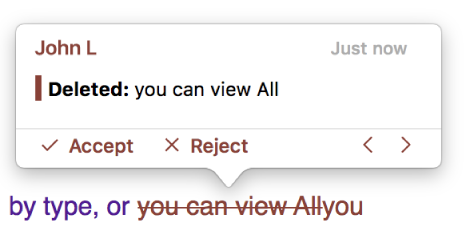 Deleted text with an open comment and Accept, Reject, and navigation arrows. The tracked change shows author name and date