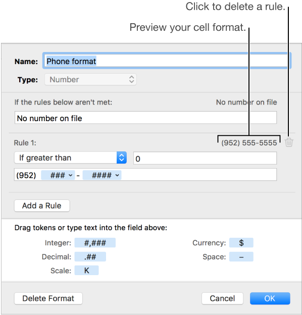 The custom cell format window with controls for choosing custom number formatting