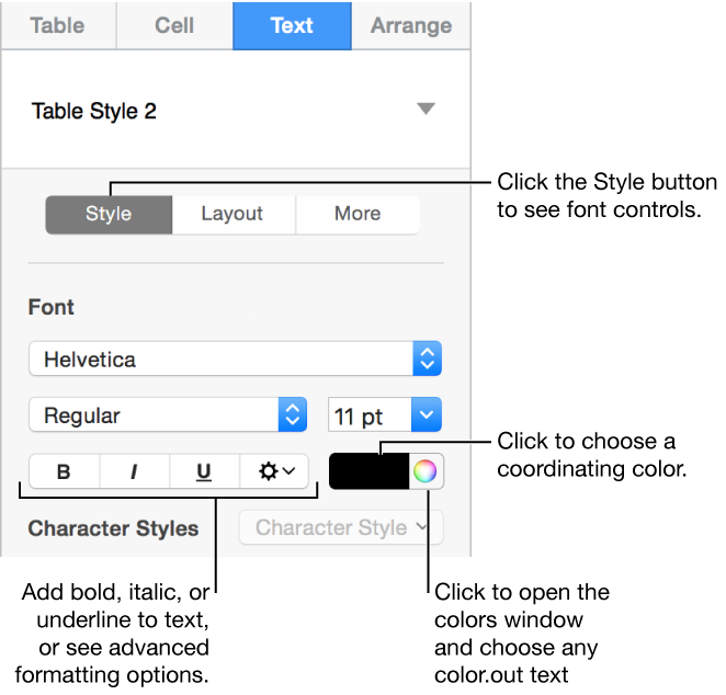 The controls for styling table text