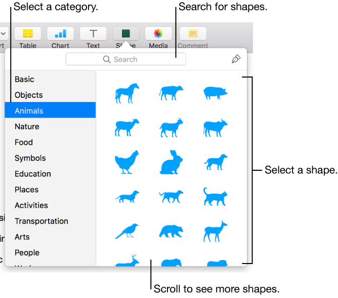 The shapes library, with categories listed on the left and shapes displayed on the right. You can use the search field at the top to find shapes and scroll to see more.