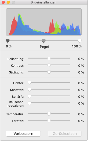 Fenster „Bildeinstellungen“ mit Reglern zum Einstellen von Belichtung, Kontrast, Sättigung, Glanzlichtern, Schatten, Schärfe, Rauschunterdrückung, Temperatur und Farbton