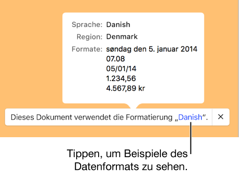 Die Mitteilung zur anderen Sprache und Region mit Beispielen der Formatierung in dieser Sprache und Region.