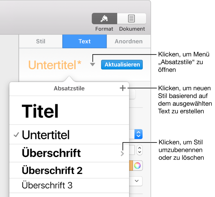 Einblendmenü „Absatzstile“ mit Steuerelementen zum Hinzufügen oder Ändern eines Stils