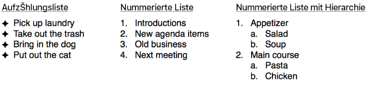 Beispiele für Listen mit Aufzählungszeichen, nummerierte Listen und hierarchische Listen