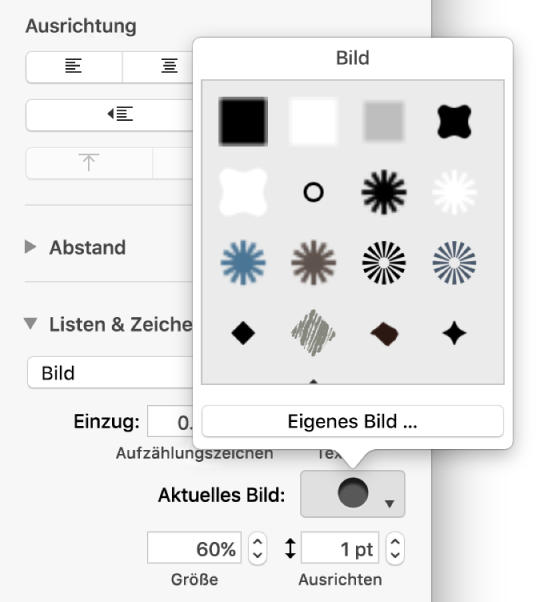 Das Einblendmenü für Aufzählungszeichen mit Bildern