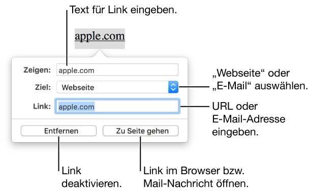 Steuerelemente für Linkeinstellungen