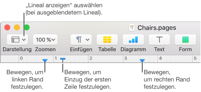 Das Lineal mit Steuerelement für den linken Rand und den Einzug der ersten Zeile