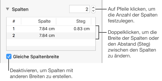 Bereich „Layout“ des Informationsfensters „Format“ mit Steuerelementen für Spalten