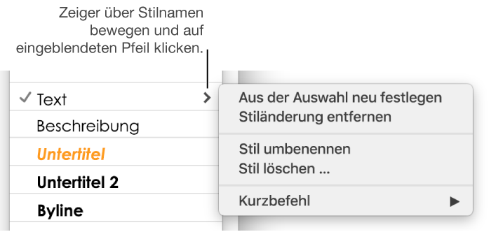 Das Einblendmenü „Absatzstile“ mit geöffnetem Kontextmenü