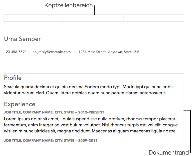Layoutdarstellung mit dem Kopfzeilenbereich und den Dokumenträndern.
