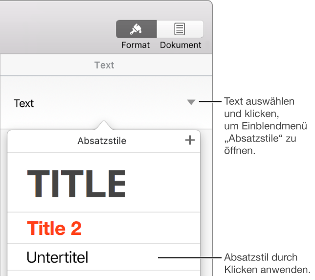 Das Menü „Absatzstile“ mit einem Häkchen neben dem ausgewählten Stil