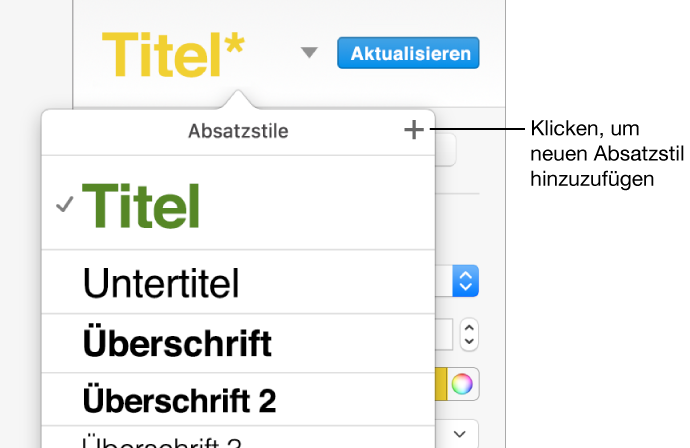 Das Menü „Absatzstile“ mit einer für Beschreibung für die Taste „Neuer Stil“