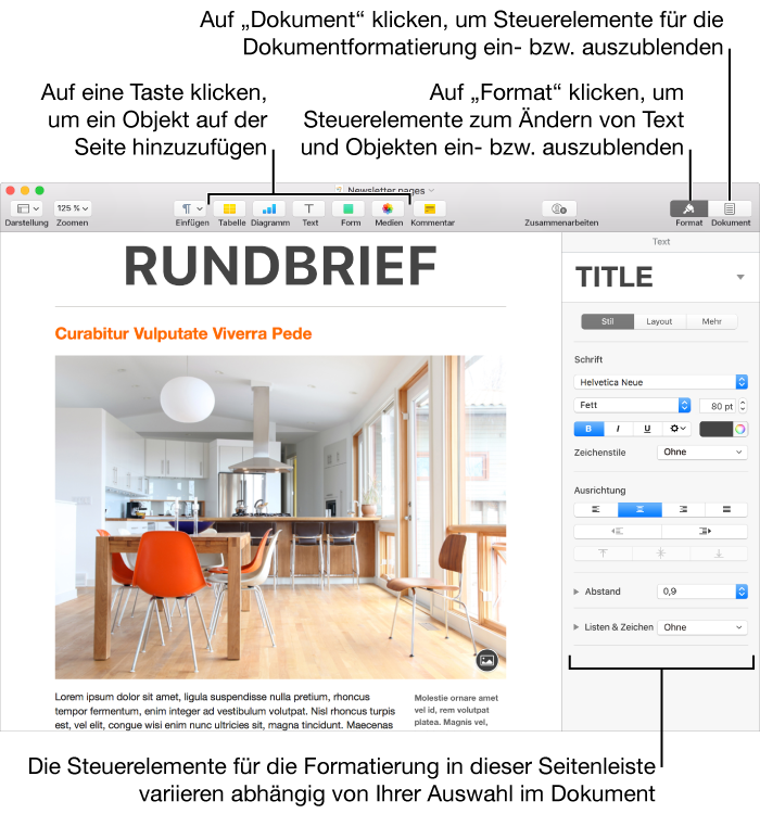 Das Pages-Fenster mit Tasten zum Hinzufügen von Objekten und zum Öffnen von Seitenleisten