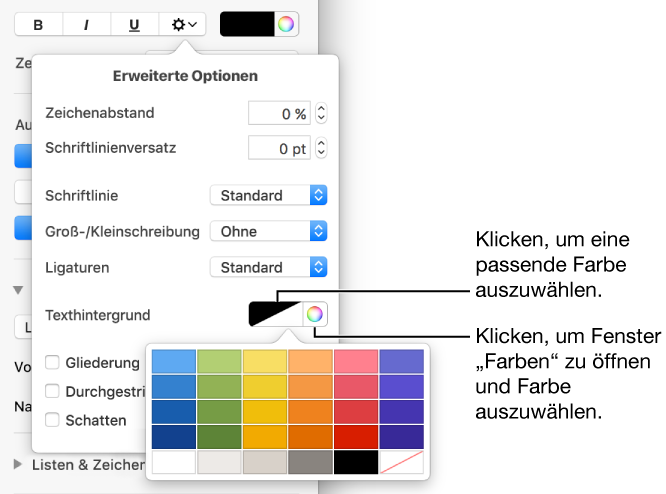 Steuerelemente zur Auswahl einer Hintergrundfarbe für Text.