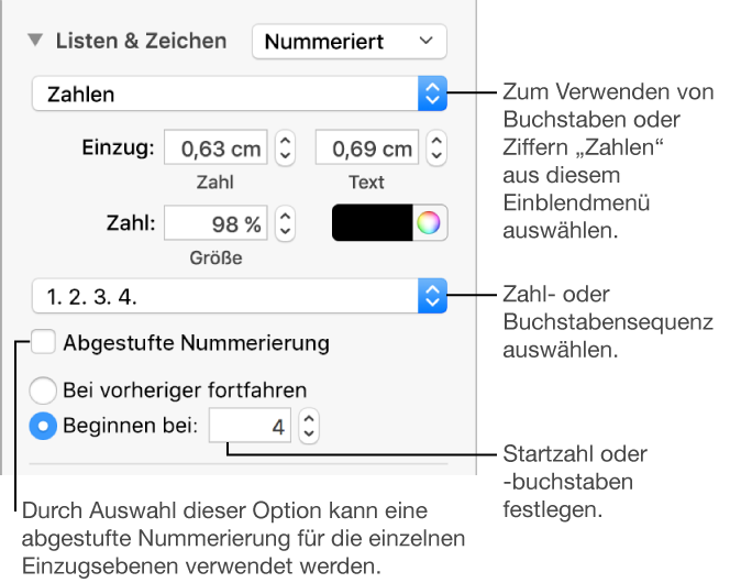 Steuerelemente zum Ändern des Zahlenstils und -abstands einer Liste