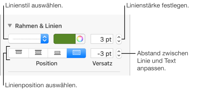 Steuerelemente, um Stil, Stärke, Position und Farbe der Linie zu ändern.