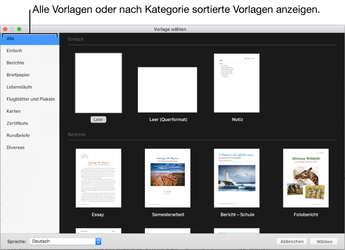 Die Vorlagenauswahl. Rechts befinden sich Miniaturen der vordefinierten Vorlagen, die Sie zum Erstellen von Dokumenten verwenden können. In einer Seitenleiste links werden die Vorlagenkategorien aufgelistet, auf die Sie zum Filtern der Optionen klicken können.