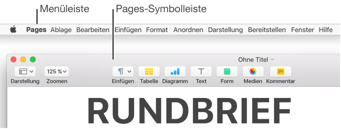 Die Pages-Symbolleiste mit den Tasten für Darstellung, Zoomen, Einfügen, Tabelle, Diagramm, Text, Form, Medien, Kommentar, Zusammenarbeit, Tipps, Format und Dokument
