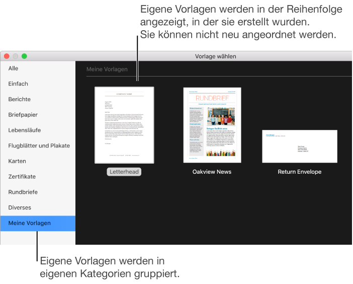 Die Vorlagenauswahl mit „Meine Vorlagen“ als Kategorie links