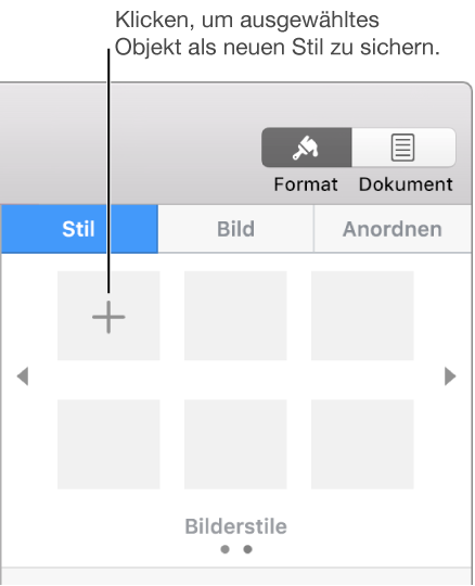 Menü der Objektstile mit der Taste „Hinzufügen“ und einem ausgewählten Objekt.