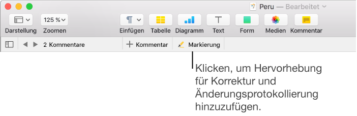 Die Menüleiste mit dem Menü „Einfügen“ und darunter die Symbolleiste von Pages mit eingeblendeten Korrekturwerkzeugen und einer Beschreibung für die Taste „Markieren“