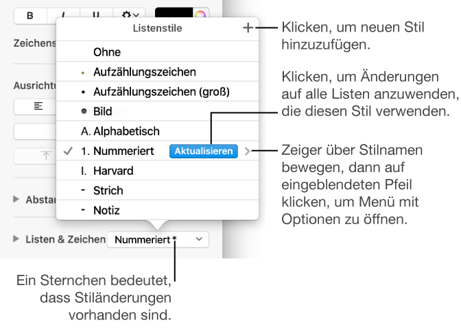 Einblendmenü „Listenstile“ mit einem Sternchen, das auf eine Stiländerung hinweist, und Beschreibungen für die Taste „Neuer Stil“ sowie ein Untermenü mit Optionen zum Verwalten von Stilen