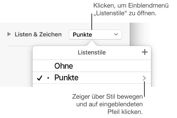 Das Einblendmenü „Listenstile“ und ein Untermenü mit den Optionen „Aus der Auswahl neu festlegen“, „Stiländerung entfernen“, „Stil umbenennen“, „Stil löschen“ und „Kurzbefehl“