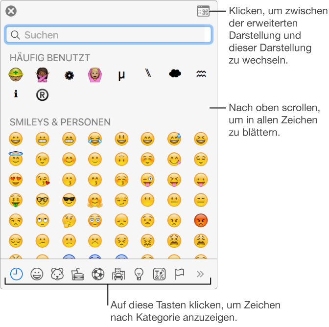Das Einblendmenü „Sonderzeichen“ mit Emoticons, Tasten für die unterschiedlichen Symbolarten am unteren Fensterrand und einer Beschreibung der Taste, mit der das vollständige Fenster „Zeichen“ eingeblendet werden kann