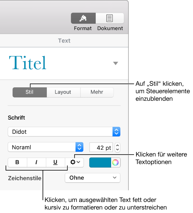 Die Steuerelemente im Tab „Stil“ der Seitenleiste „Format“ mit Beschreibung für die Tasten „Fett“, „Kursiv“ und „Unterstreichen“