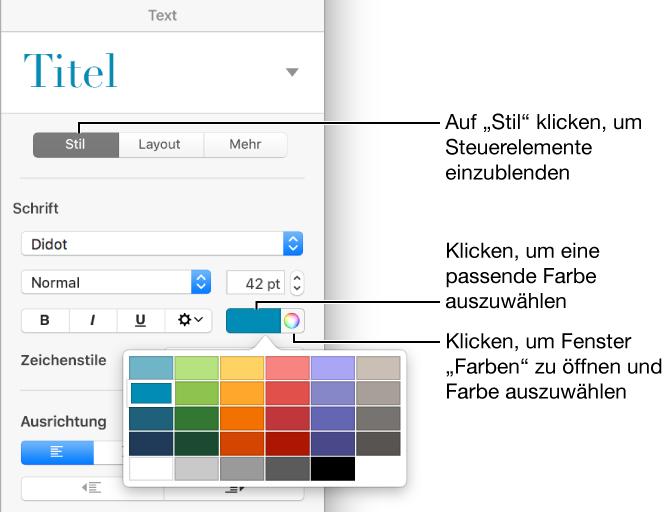 Steuerelemente zum Auswählen vordefinierter Farben oder einer beliebigen Farbe