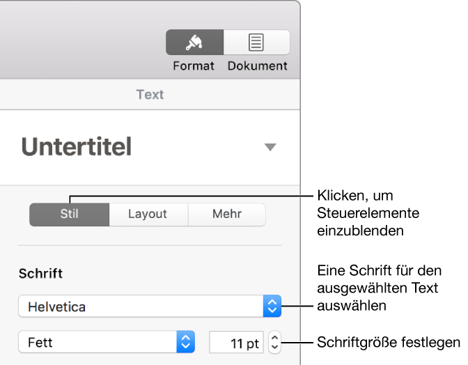 Textsteuerelemente im Abschnitt „Stil“ der Seitenleiste „Format“ zum Festlegen der Schrift und der Schriftgröße