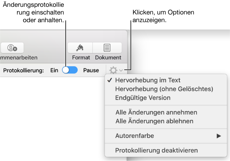 Das Menü mit dem Protokollierungsoptionen und der Option zum Deaktivieren der Protokollierung unten und einer Beschreibung der Tasten zum Aktivieren oder Anhalten der Protokollierung