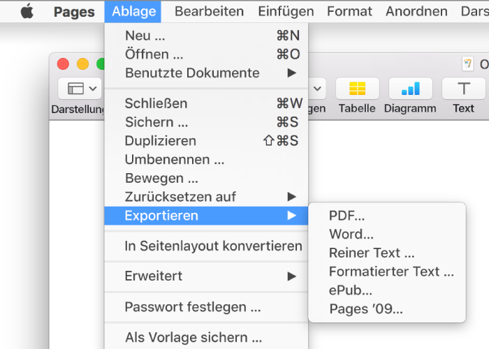 Das geöffnete Menü „Ablage“ mit ausgewähltem Untermenü „Exportieren“ und den Exportoptionen für PDF, Word, reinen Text, RTF, ePub und Pages '09