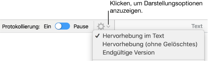 Das Menü mit den Prüfoptionen: Hervorhebung im Text, Hervorhebung (ohne Gelöschtes) und Endgültige Version