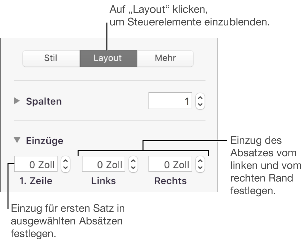 Steuerelemente im Bereich „Layout“ der Seitenleiste „Format“ zum Festlegen des ersten Einzugs